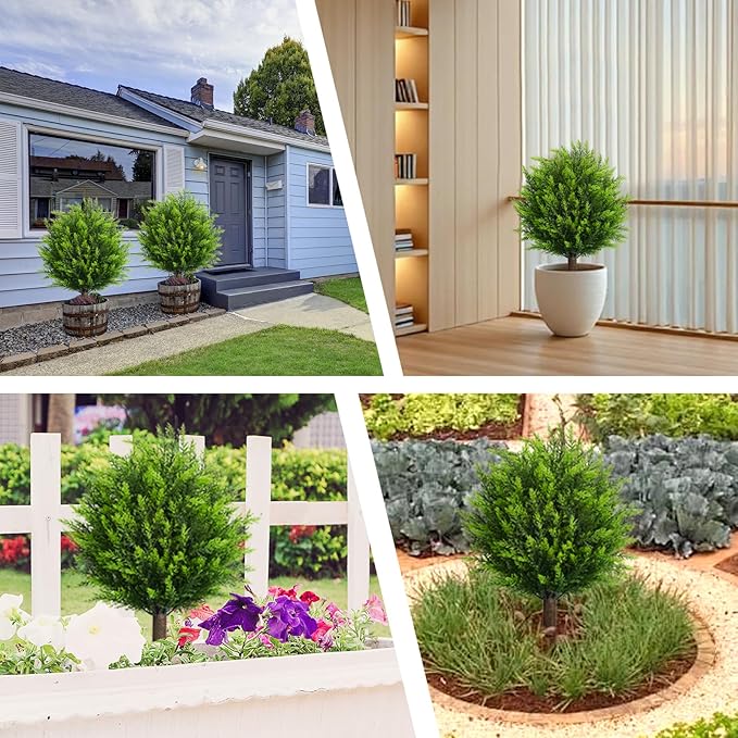 26.5" Artificial Cedar Topiary Ball Trees, Set of 2 UV Resistant Fake Evergreen Trees Shrubs Bushes Artificial Plants with Ground Spike Faux Cypress Plants for Indoor Outdoor Front Porch Garden-VerdiqueGarden