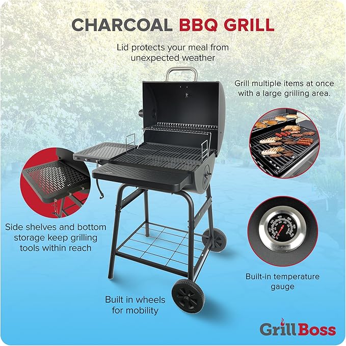 Grill Boss 23 Inch Charcoal Barrel Grill with Adjustable Grate, Large Cooking Area, Black-VerdiqueGarden