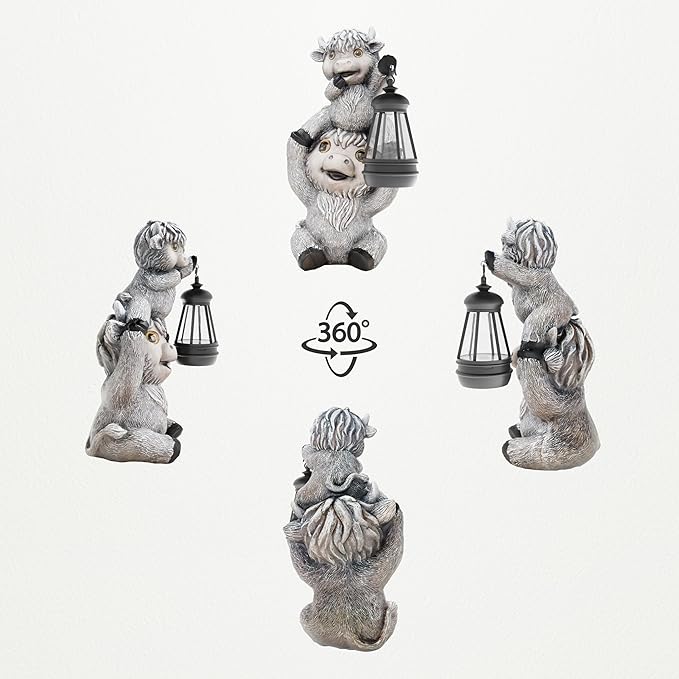 Highland Cow Statues with Solar Lights, Highland Cow Resin Figurine Lights, Highland Cow Ornaments for Patio, Balcony, Indoor Decoration and as Gifts-VerdiqueGarden