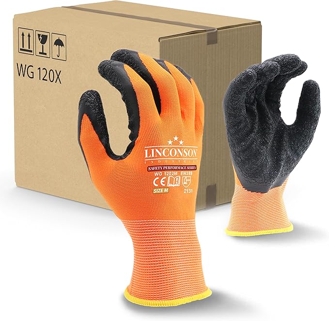 linconson 12 Pack Safety Performance Series Construction Mechanics Wrinkle Latex Work Gloves-VerdiqueGarden