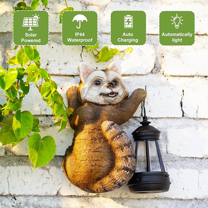 Raccoon Tree Hungger with Solar Lantern - 7.4 Inch Raccoon Outdoor Statue for Garden Yard Decor Outside,Best Garden Gifts for Mom,Women-VerdiqueGarden