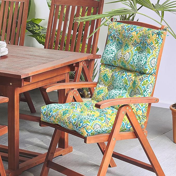 LVTXIII Outdoor Seat/Back Chair Cushion Patio Tufted High Back Cushion, Seasonal Replacement Rocking Chair Cushion with Ties (22” W x 20D”, Set of 2, Damask Green)-VerdiqueGarden