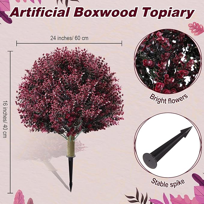 Yunlly 2 Pcs 18 Inch Artificial Boxwood Ball Topiary Tree Fake Outdoor Plants Bush, UV Resistance Faux Shrub with Spike Realistic Greenery Potted for Indoor Garden Yard Porch Patio Decor (Dark Purple)-VerdiqueGarden