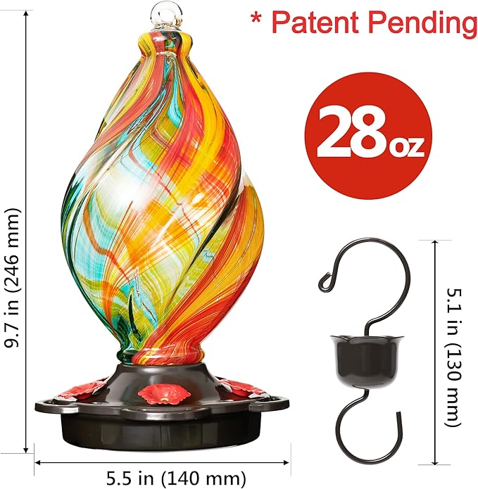LUJII Ice Cream Shaped Spiral Hummingbird Feeder for Outdoors Hanging, Hand Blown Glass, 28 fl.oz, Leak Proof & Rustproof, Includes an Ant Moat, Unique Garden, Outside & Backyard Decor (Ribbon)-VerdiqueGarden