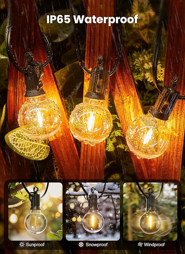 Brightown Outdoor String Lights - Connectable Dimmable LED Patio String Lights with G40 Globe Plastic Bulbs, All Weatherproof Hanging Lights for Outside Backyard Porch (50 ft - 25 LED Bulbs)-VerdiqueGarden