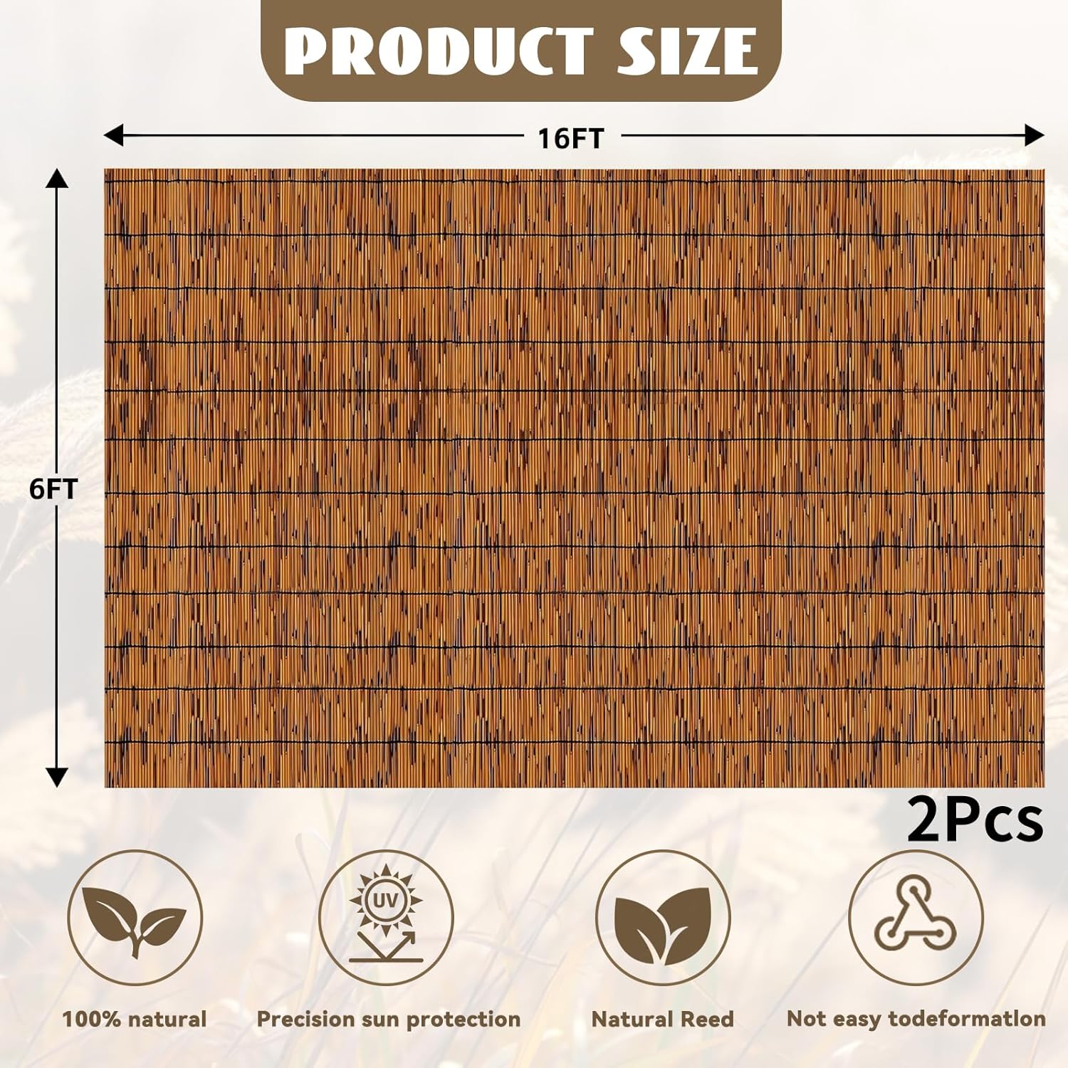 Bamboo Reed Fencing, Light Russet Bamboo Fence Rolls 6ft High, Decorative Privacy Screen Reed Curtains for Patio Balcony Garden Backyard Outdoor, 6 x 16 FT (2 Pcs)-VerdiqueGarden