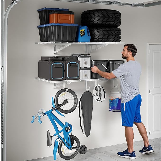 LEXIMOUNTS 2-Pack 2x4ft Garage Shelving with Hooks, 24-inch-by-48-inch Wall Shelf Garage Storage Racks Floating Shelves, White-VerdiqueGarden