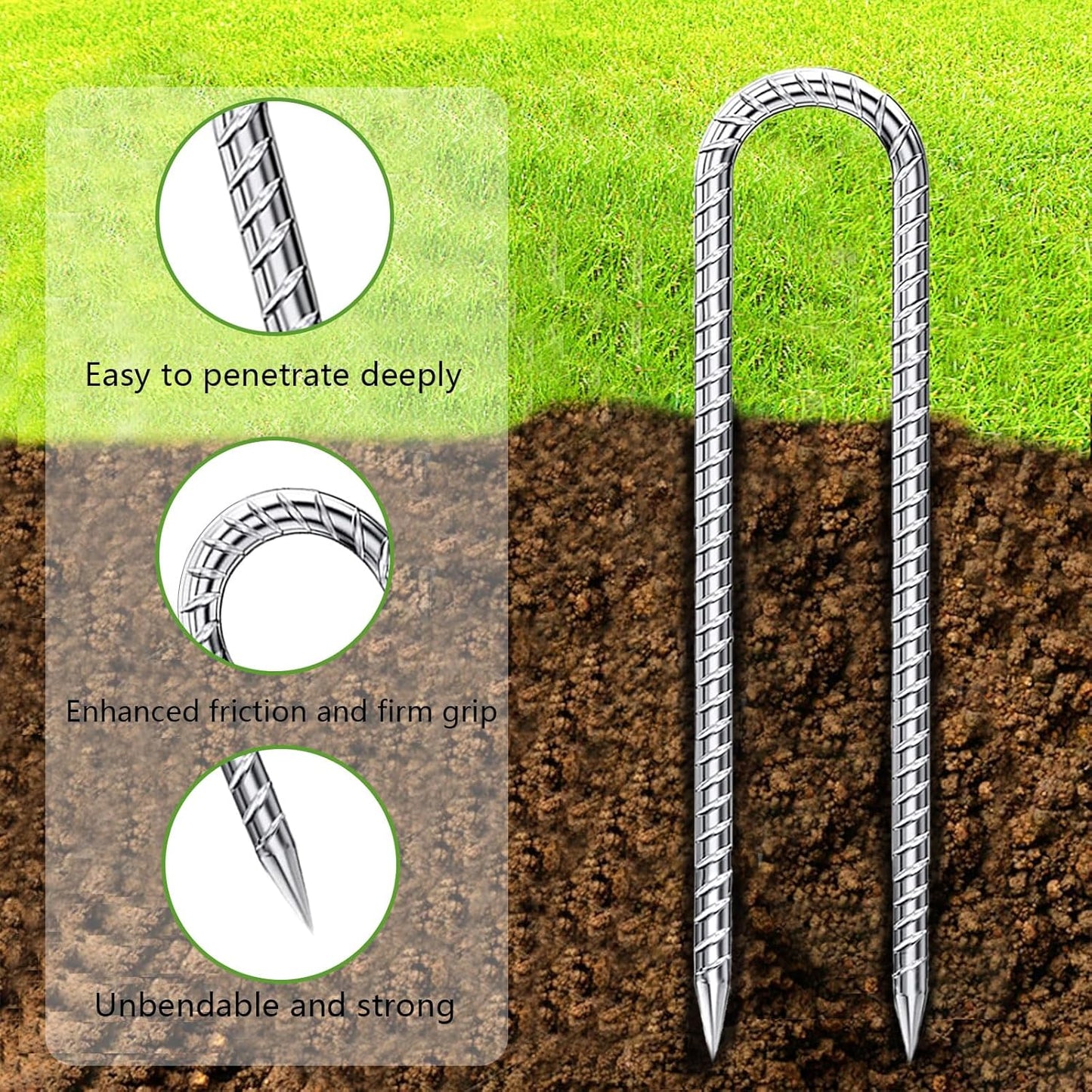 Rebar-Stakes-12-Inch-Galvanized, U Hook Trampoline Stakes 20 Pack Ground Anchors Tent Stakes Heavy Duty for Plants Anti-Rust Landscape Fabric Stakes Artificial Turf-VerdiqueGarden