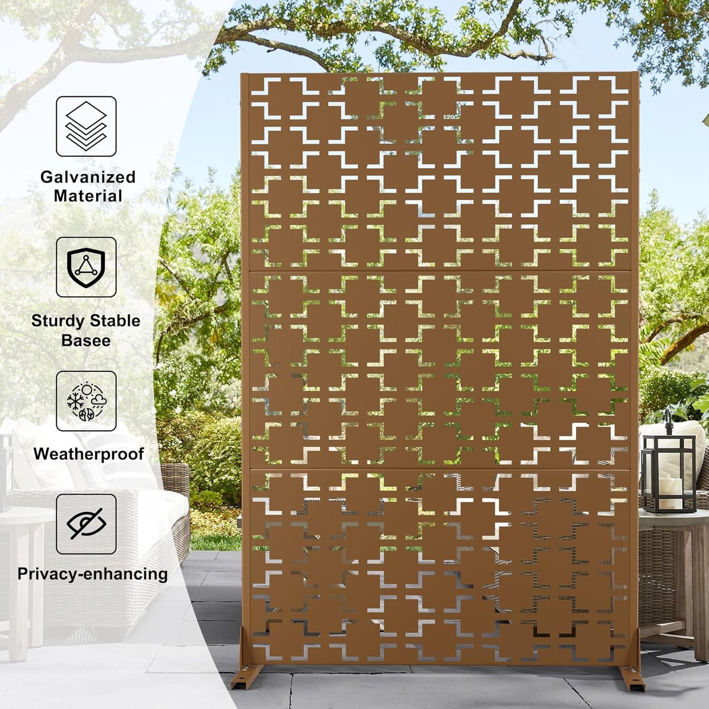 Metal Privacy Screen Outdoor 72" H×47" W,Freestanding Decorative Privacy Screen for Balcony Yard&Garden,Privacy Fence-Brown&Square-VerdiqueGarden