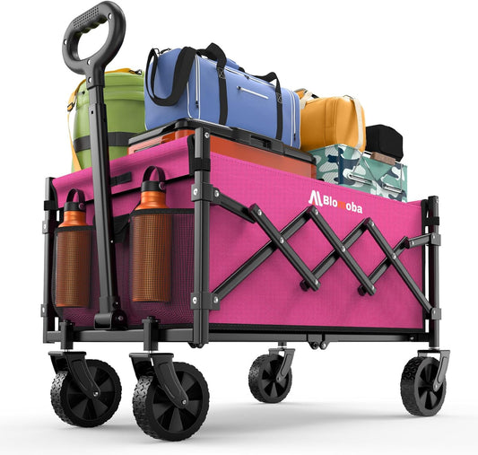 Collapsible Wagon with Wheels, 220 lbs Wagons Carts Foldable Wagon Cart with Flexible Handle, Lightweight Portable Folding Utility Grocery Shopping Cart for Grocery Sports Garden Camping, Pink-VerdiqueGarden