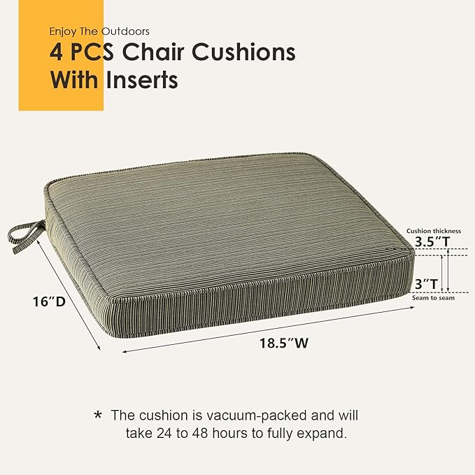 Outdoor Square Corner Seat Cushion, 18.5"x16"x3", Set of 4, Non Slip Seat Cushion Pads with Removable Cover for Patio Furniture, Garden Yard Lawn, Dark Black Tan Stripe-VerdiqueGarden