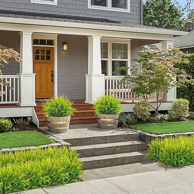 Ouddy Decor 16 Bundles Artificial Plants Outdoor Fake Grass Greenery Stems UV Resistant Faux Plastic Plants Shrubs for Spring Summer Home Garden Pathway Window Box Front Porch Decor, Yellow-VerdiqueGarden