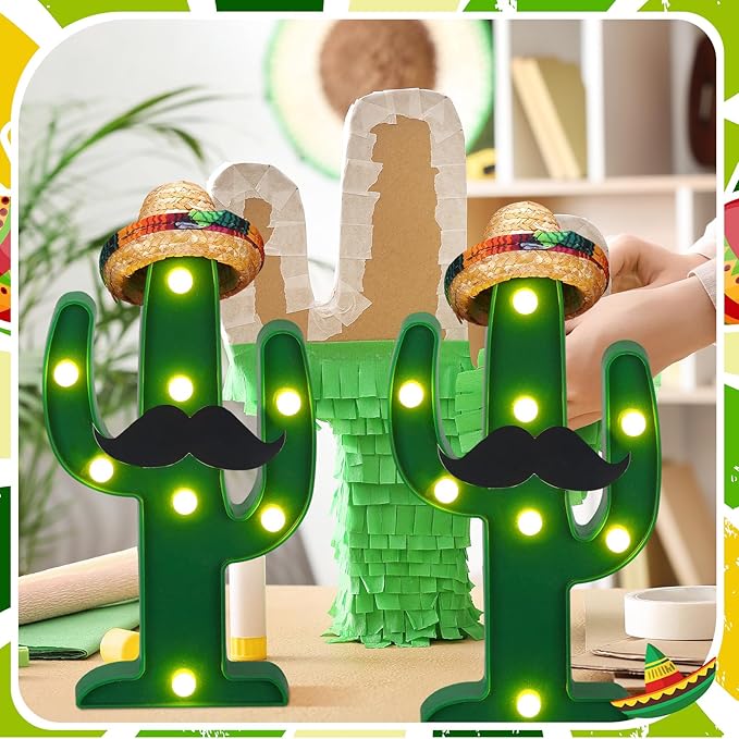 12 Pcs Cinco de Mayo LED Cactus Light with Mini Sombrero Straw Hats and Fake Beard Cinco De Mayo Table Decor Mexican Party Supplies for Table Room Bedroom Party Decoration (4.72 x 2.76 Inch)-VerdiqueGarden