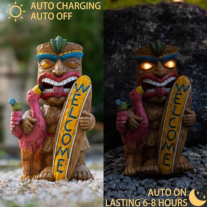 Welcome Tiki Statue with Surfboard Flamingo-Solar Outdoor Decor - Tiki Man with Automatic Switch On Flickering Eyes LED Light for Tiki Bar Decorations, Patio, Balcony, Yard,Lawn,Gifts-VerdiqueGarden