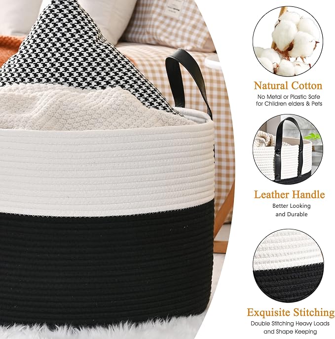 KAKAMAY Large Blanket Basket (20"x13"),Woven Baskets for storage Baby Laundry Hamper, Cotton Rope Blanket Basket for Living Room, Laundry, Nursery, Pillows, Baby Toy chest (White/Black)-VerdiqueGarden