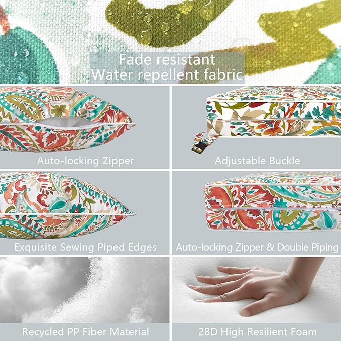 LVTXIII Outdoor Deep Seat Cushion Patio Seat and Back Cushion Set Seasonal Chair Cushion with Removable Cover and Adjustable Buckle for Home and Garden, 22"x22"x4", Pretty Paisley-VerdiqueGarden
