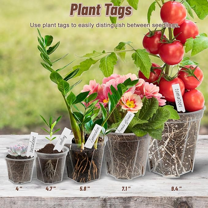 3.9-9.4 Inch Big Size Clear Nursery Pots with Drainage, 6 Sizes 30 Packs Nursery Garden Pots with 30 Plant Labels for Seedling Plants, Nursery Pots Variety for Indoor Outdoor Seed Starter Flower Pots-VerdiqueGarden