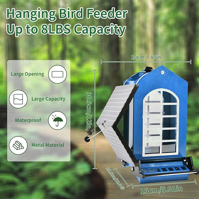 Bird Feeder Squirrel Proof Metal Hanging for Outdoor Wild Bird Seed, 5LBS with Bilateral Weight-Activated Perches, Heavy Duty Bird Feeders for Outside Wild Bird - Blue-VerdiqueGarden
