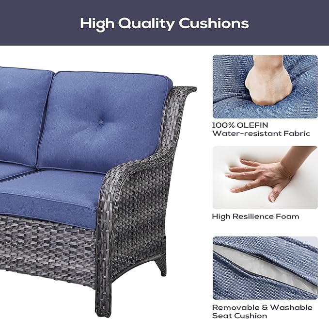 Outdoor Sectional Furniture Sofa Set with Propane Fire Pit Table, Wicker Patio Conversation Set with 2 Swivel Rocker Glider Chairs Blue Cushion Perfect for Backyard Casual Gathering-VerdiqueGarden