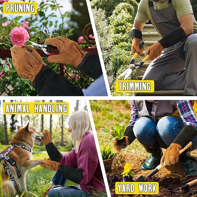 HANDLANDY Leather Gardening Gloves for Men & Women, Rose Pruning Thorn Proof Garden Glove, Long Sleeve Gauntlet Gloves (Black-brown, Medium (Pack of 1))-VerdiqueGarden