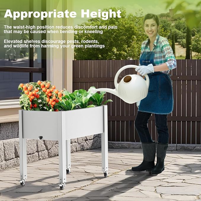 Horticulture Raised Garden Bed with Legs, Divisible Raised Resin Planter Box for Backyard, Patio, Balcony, with 4 Legs & 4 Swivel Lockable Wheels(Ashen,30.04 * 17.72 * 28.9)-VerdiqueGarden