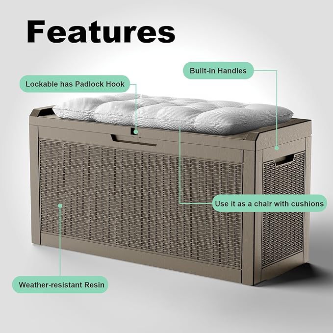 60 Gallon Resin Deck Box, Lockable Outdoor Storage Box for Patio Cushions Storage Furniture,Garden Tools, Pool Supplies, Weatherproof and UV Resistant (Grey Rattan)-VerdiqueGarden