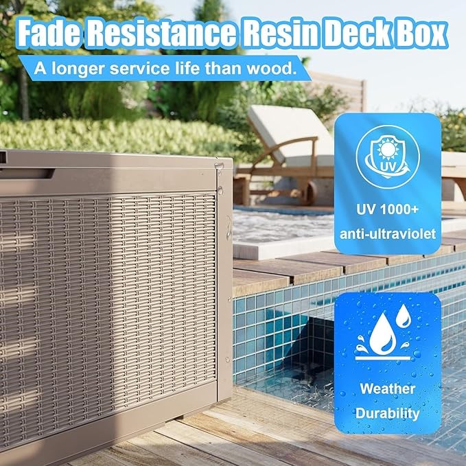102 Gallon Outdoor Storage Box Waterproof, UV Resistant Resin Deck Box with Hydraulic Rod, Lockable Design and Enhanced Durability for Patio, Garden, and Poolside Use-VerdiqueGarden