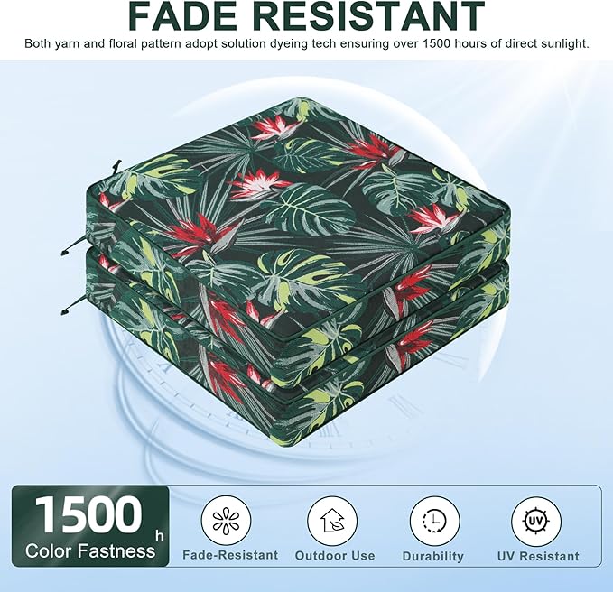 Favoyard Outdoor Chair Cushion 22 x 22 x 3 In Waterproof Pattern Fade Resistant Cushions for Patio Furniture with Removable Cover Attach Straps 28D Foam Insert Cushions Pads for Seat Sofa Couch 2 Pack-VerdiqueGarden