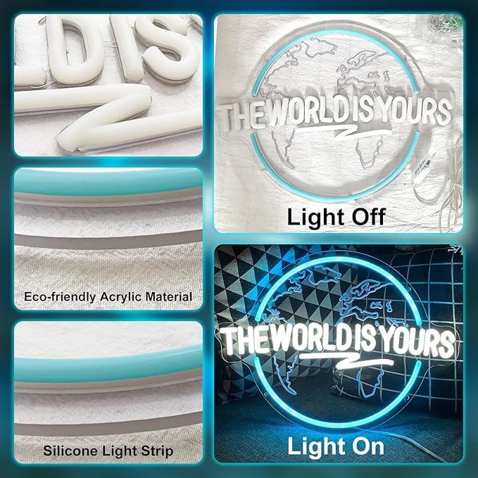 The World Is Yours Neon Sign, Carved Planet The World Is Yours LED Neon Light Signs for Wall Decor, Light Up Signs for Man Cave Game Room Bedroom Birthday Gift-VerdiqueGarden