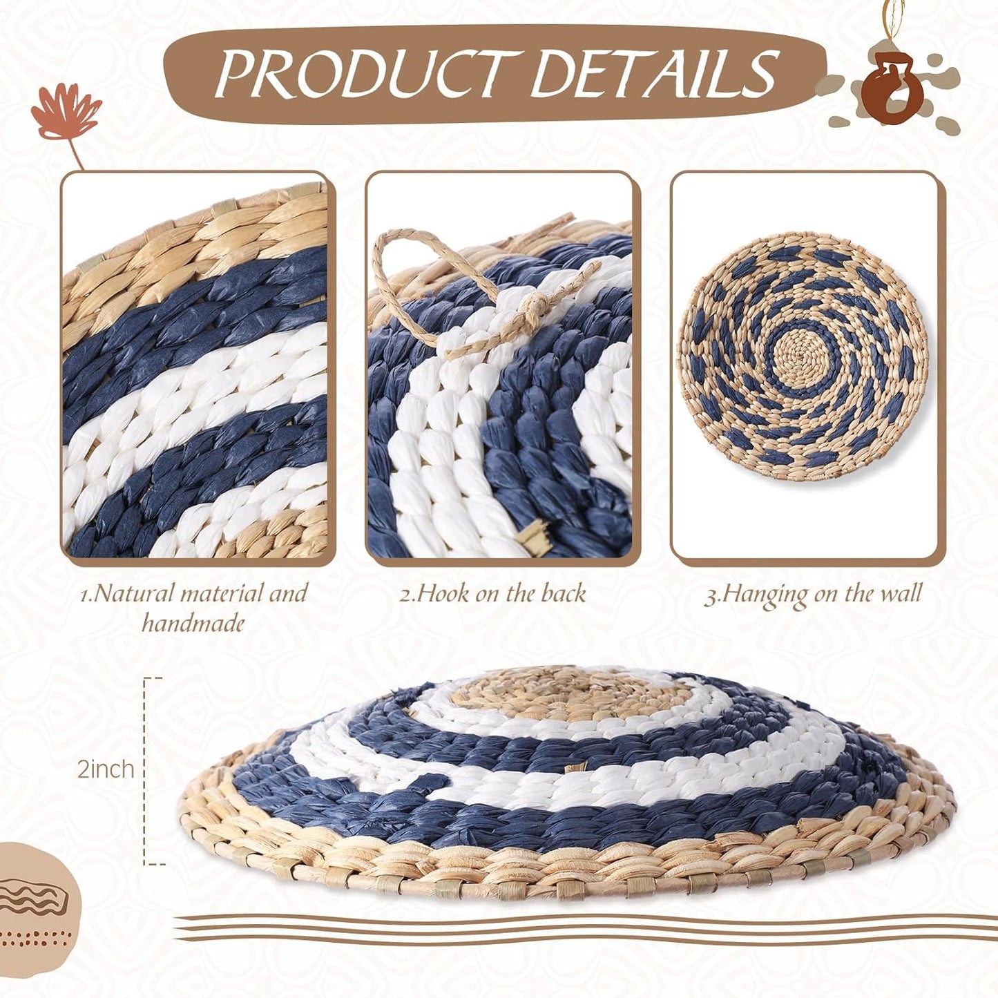 15 Pcs Boho Wall Basket Decor Woven Rattan Seagrass Wall Decor Hanging Rustic Farmhouse Western Art Decoration for Nursery Living Room Bedroom Home Kitchen(Blue Style)-VerdiqueGarden