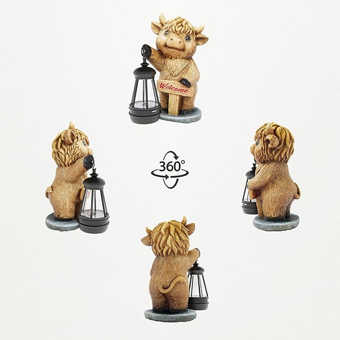 Highland Cow Statues with Solar Lights, Highland Cow Resin Figurine Lights, Highland Cow Ornaments for Patio, Balcony, Indoor Decoration and as Gifts-VerdiqueGarden