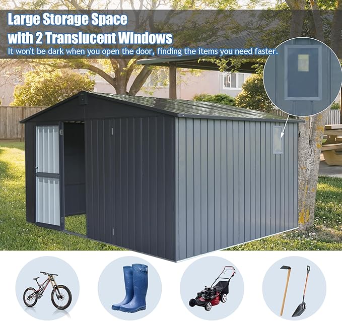 Domi Backyard Storage Shed 11’ x 12.5’ with Galvanized Steel Frame & Windows, Outdoor Garden Shed Metal Utility Tool Storage Room with Lockable Door for Patio(Dark Gray)-VerdiqueGarden