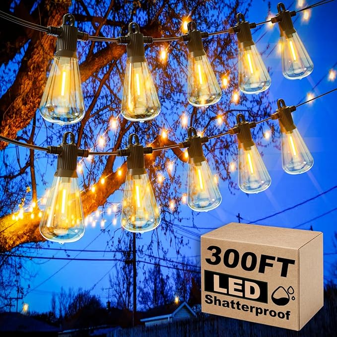 Outdoor String Lights Waterproof, 300FT Patio Lights with 146 Shatterproof ST38 Globe Bulbs(6 Spare), Connectable Dimmable LED Hanging String Lights for Outside Backyard Porch Balcony(150FT x 2)-VerdiqueGarden