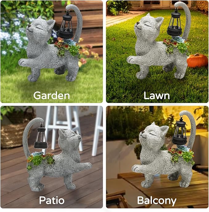 Solar Garden Outdoor Statues Cat with Succulent Solar Lantern, Lawn Decor Kitten Figurine for Patio Balcony Yard, Yard Unique Christmas Birthdays Gift for Mom Grandma-VerdiqueGarden