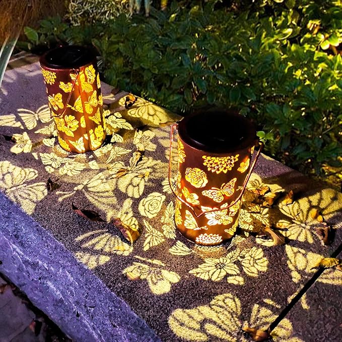 2 Pack Butterfly Solar Gardening Gifts Lanterns Decorative Outdoor, Flower Pattern Solar Hanging Lights Waterproof, Garden Decor Gifts for Women Mom Grandma, Yard Gifts for Patio, Pathway-VerdiqueGarden