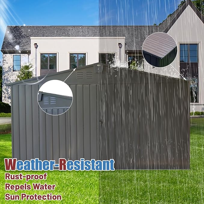 Domi Backyard Storage Shed 11’ x 12.5’ with Galvanized Steel Frame & Windows, Outdoor Garden Shed Metal Utility Tool Storage Room with Lockable Door for Patio(Dark Gray)-VerdiqueGarden