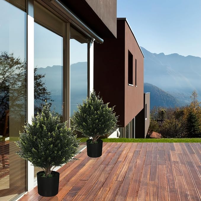 19” Artificial Cedar Outdoor Artificial Shrub Sunlight Resistant Leafy Potted Plant for Indoor Porch of Home and Office Artificial Outdoor Tree Topiary Trees-VerdiqueGarden