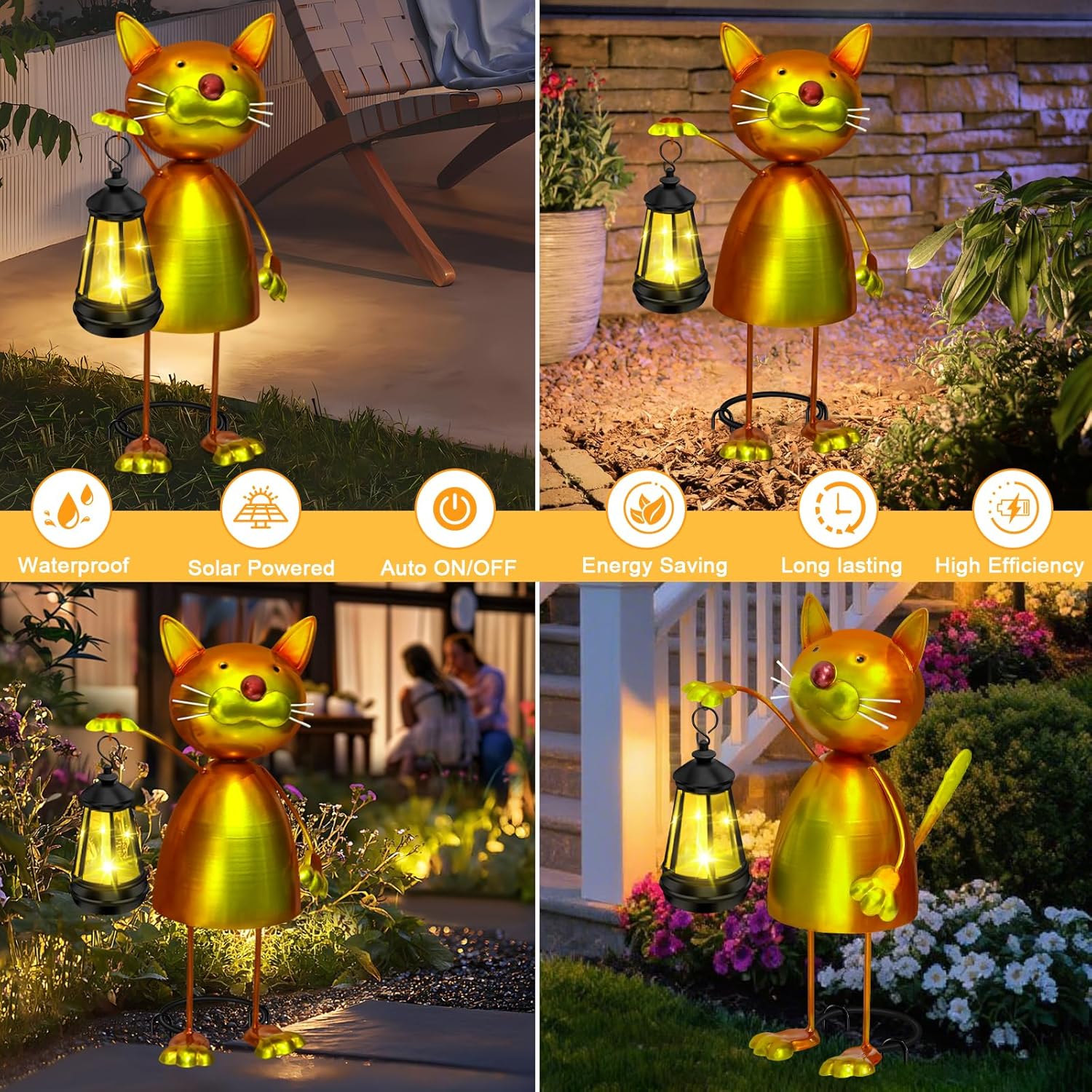 Solar Garden Decor Cat Statue with Solar Lights,13.78in Tall Metal Cat Figurines Decor,Birthday Gifts for Women Mom Grandma,Decorative Stakes for Yard Art Lawn Porch Patio Outside Decorations-VerdiqueGarden