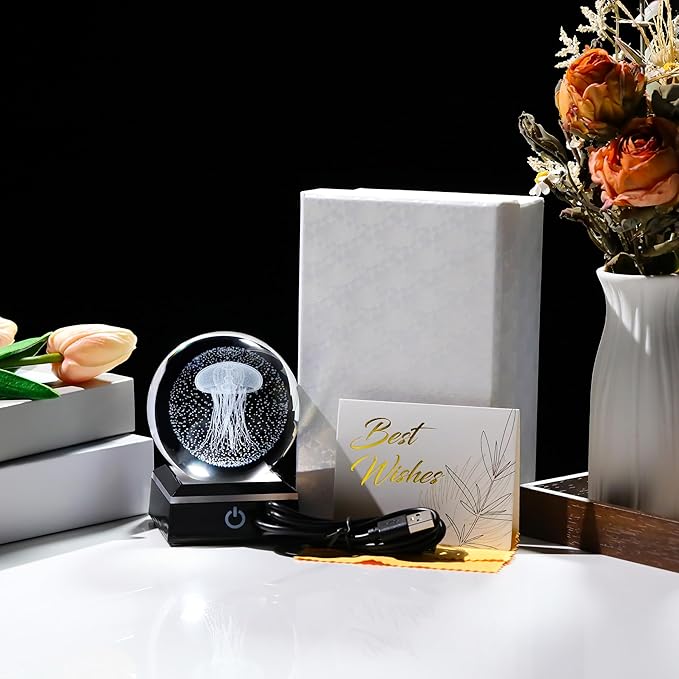 Qianwei Jellyfish Lamp for Women 3D Crystal Ball 3.14'' - 80mm Laser Jellyfish Decor Glass Animals Jellyfish Night Light Gifts Figurines Statue for Room Decorations Jellyfish Stuff-VerdiqueGarden