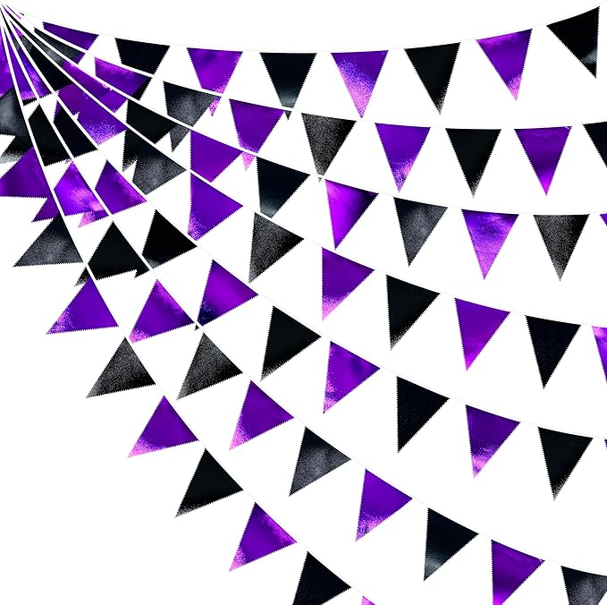 Purple and Black Party Decorations Metallic Fabric Triangle Pennant Banner Flag Bunting Garland for Graduations Birthday Retirement Wedding Baby Shower Bachelorette Halloween Outdoor Party Supplies-VerdiqueGarden