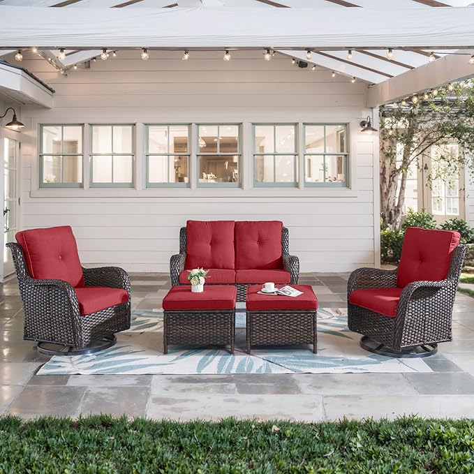 5 Piece Outdoor Patio Furniture Set - Wicker Furniture Patio Conversation Set, Outdoor Swivel Rocker Chairs with Loveseat Sofa and 2 Ottomans for Small Space, Red Cushion-VerdiqueGarden