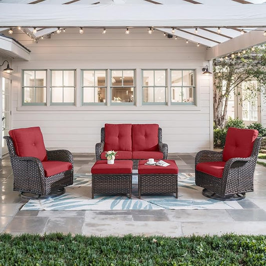 5 Piece Outdoor Patio Furniture Set - Wicker Furniture Patio Conversation Set, Outdoor Swivel Rocker Chairs with Loveseat Sofa and 2 Ottomans for Small Space, Red Cushion-VerdiqueGarden