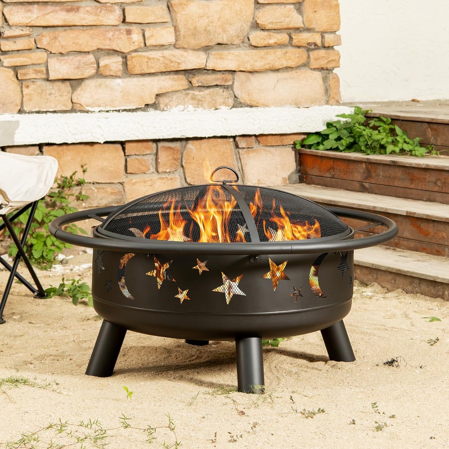 32" Round Wood Burning Fire Pit with Mesh Cover, Fire Poker, Star & Moon Cutouts, Metal Outdoor Firepit for Patio, Backyard, Garden, Bonfire, Camping, Christmas, Thanksgiving, Halloween-VerdiqueGarden