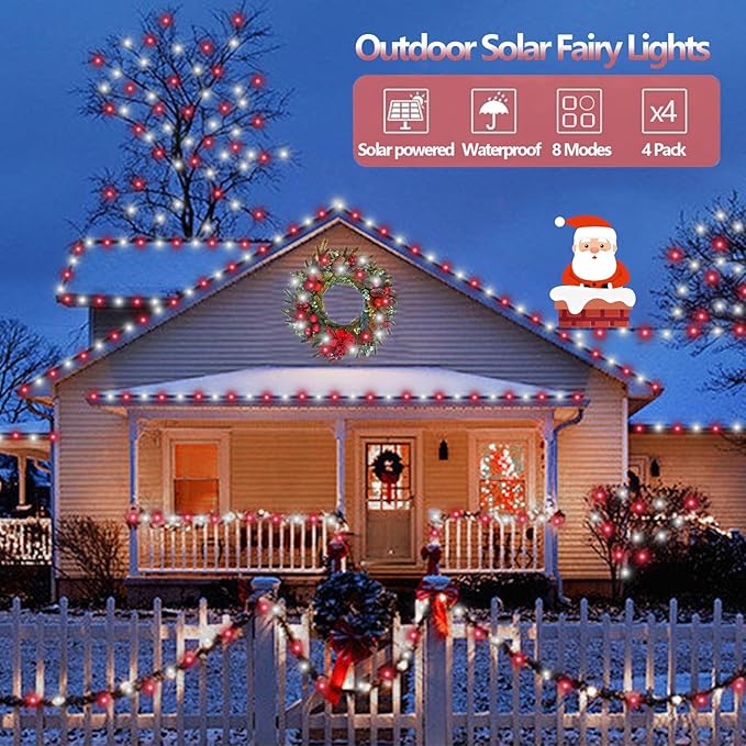 YEGUO Solar Fairy Lights Outdoor Waterproof, 4 Pack Each 33ft 100 LED String Lights, 8 Modes Silver Wire Solar Outdoor Lights (Red and White)-VerdiqueGarden