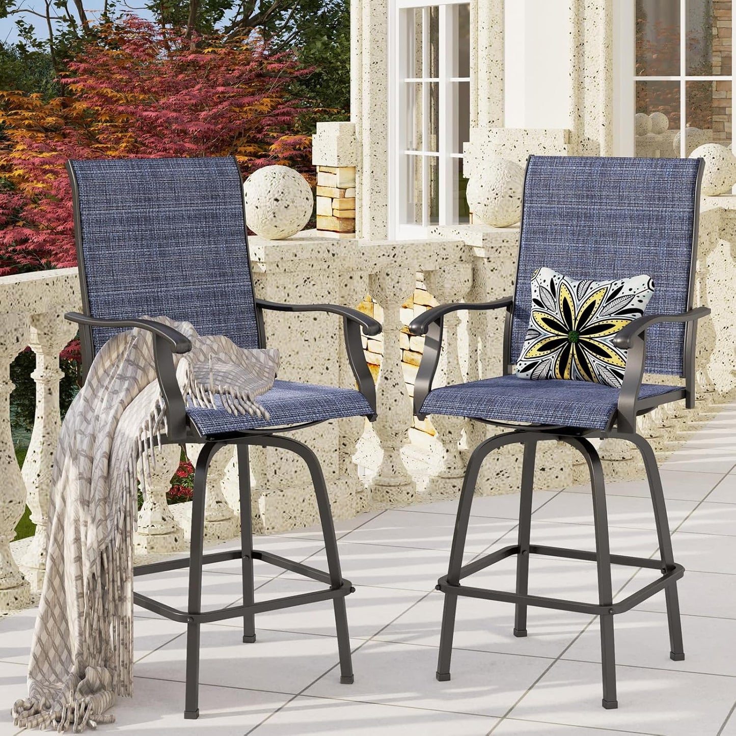 PHI VILLA Outdoor Swivel Bar Stools Set of 6, Bar Height Patio Chairs Furniture with All Weather Textilene Fabric, 30" High Top Bar Chairs for Porch, Blue-VerdiqueGarden