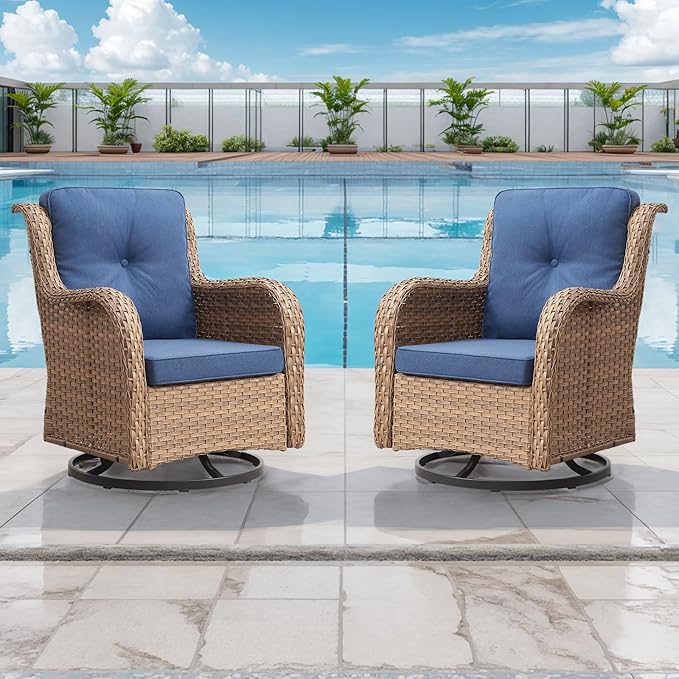 Outdoor Patio Swivel Rocker Chairs - Wicker Rattan Patio Swivel Rocking Chairs Set of 2 with High Back,Deep Seating and Comfort Cushions for Deck Porch Garden,Yellow/Blue-VerdiqueGarden