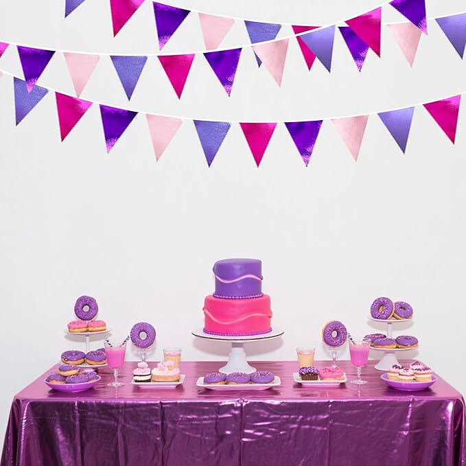 Pink and Purple Party Decorations Metallic Hot Pink Lavender Fabric Triangle Pennant Banner Flag Bunting Garland for Girls Women Birthday Wedding Baby Shower Bachelorette Engagement Party Supplies-VerdiqueGarden