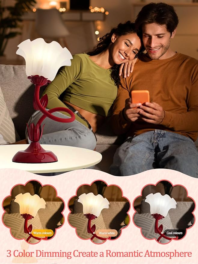 Flower Table Lamp,LED Reading Light Bedside Vintage Flower Night Light,3 Colors Modes Kawaii Bedside Lamps Decor,Living Room Bedroom Room Lighting Table Lamps Home Decoration (Red)-VerdiqueGarden