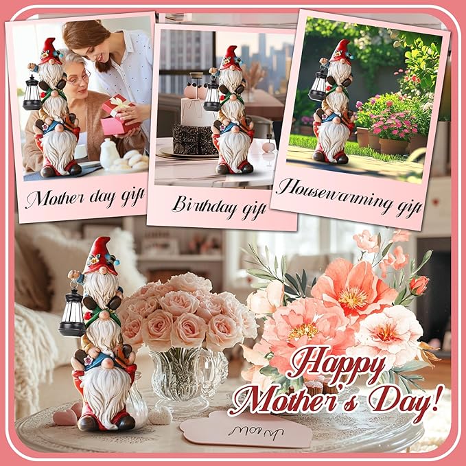 Garden Gnome Statue with Solar Lights Large Garden Sculptures Funny Triple Gnome Outdoor Patio Lawn Yard Balcony Garden Home Decor Gifts for Women Mom 12 in Spring Summer Gnomes Outdoor-VerdiqueGarden