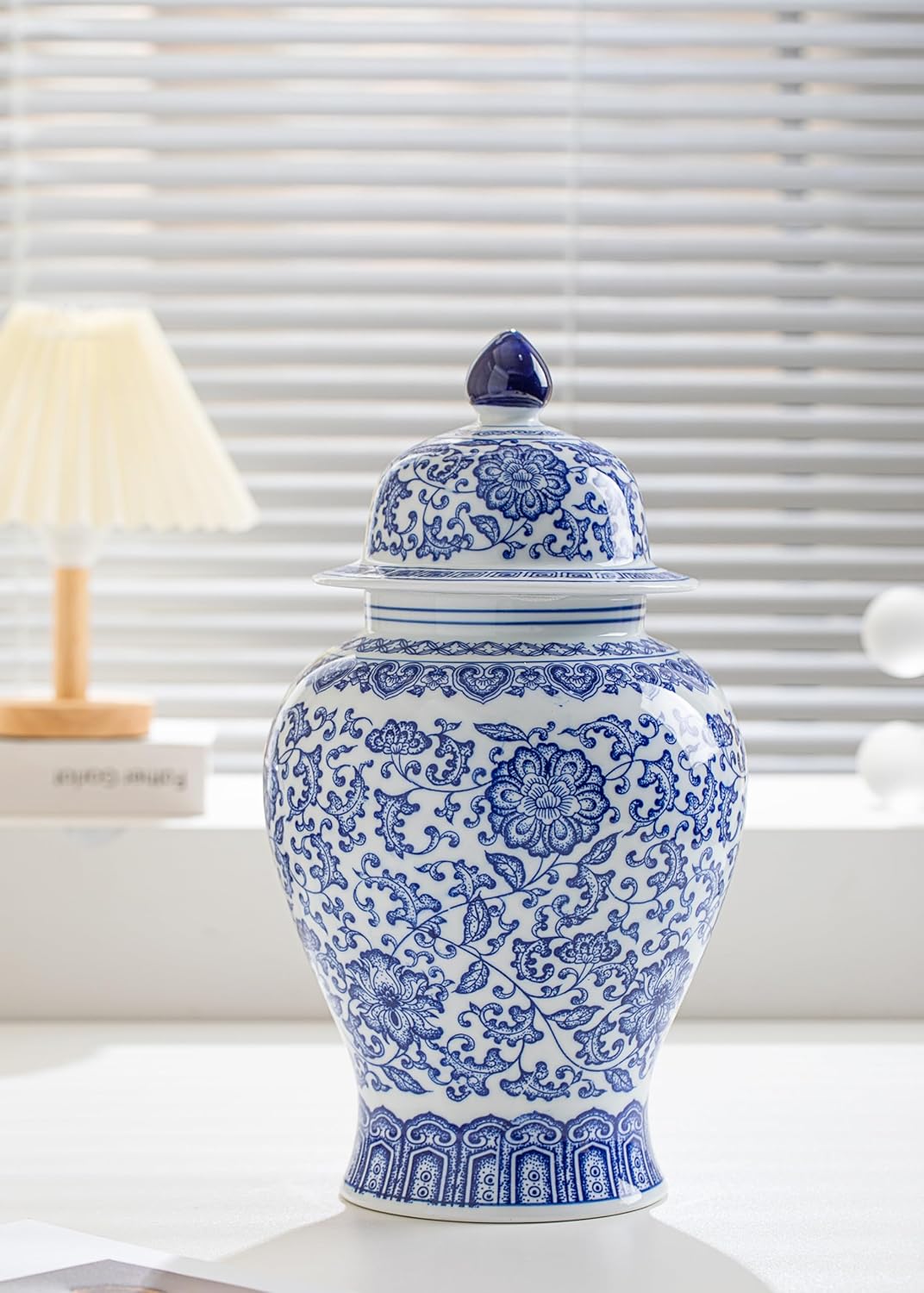 Blue and White Ginger Jar, Ceramic Chinoiserie Decorative Jars for Home, Office, Flower Vase Pocelain, Glossy Vase for Table, Living Room, Bookshelf, Mantle Fireplace, Centerpieces,15" H-VerdiqueGarden